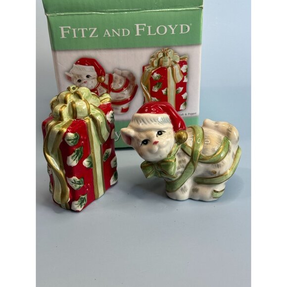 Fitz & Floyd Kitty Kringle Salt & Pepper Shakers Ceramic 2005 Christmas Decor - Picture 7 of 7